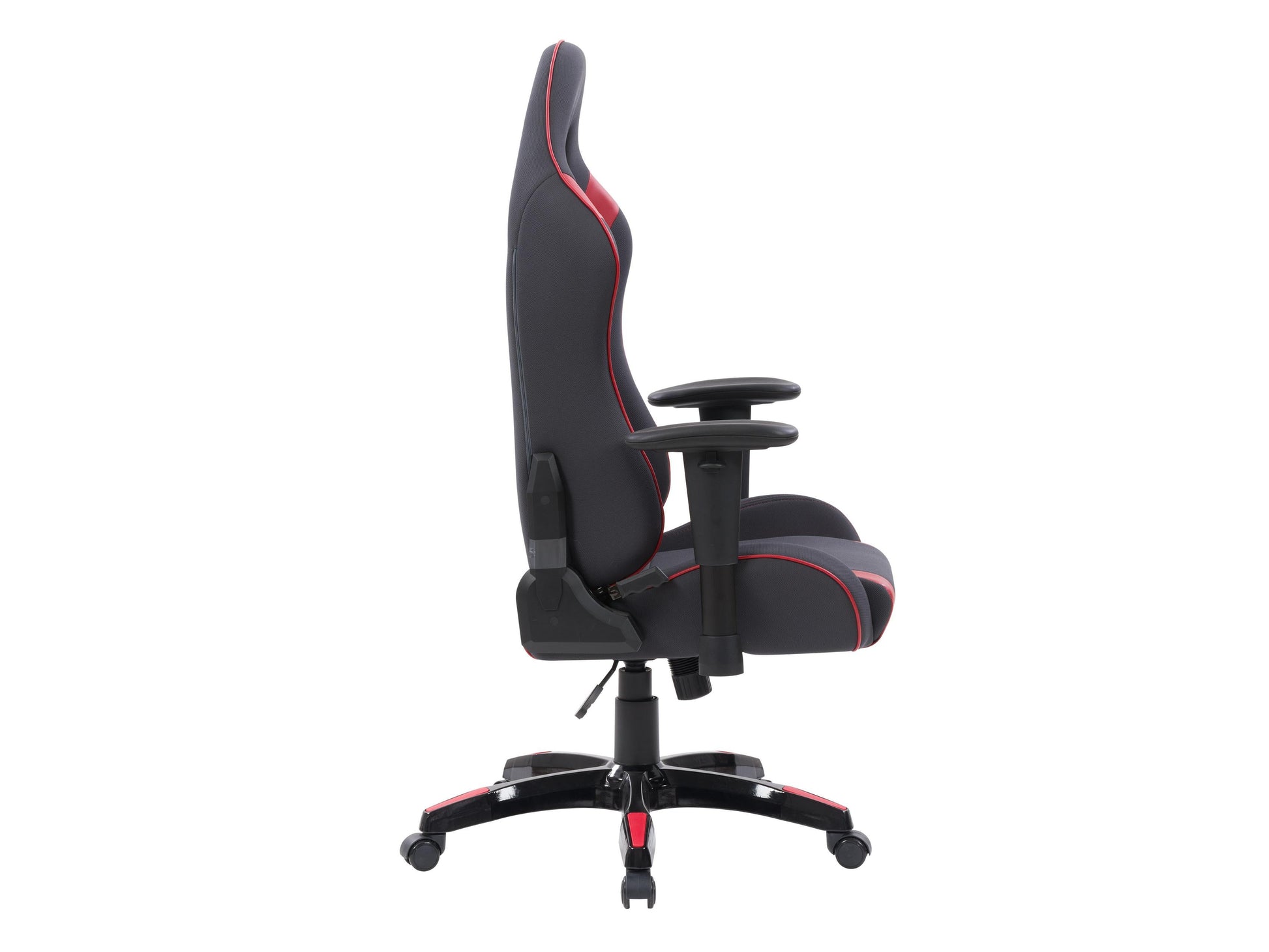 Ergonomic grey and red gaming chair with lumbar support, adjustable armrests, and high-density foam padding.