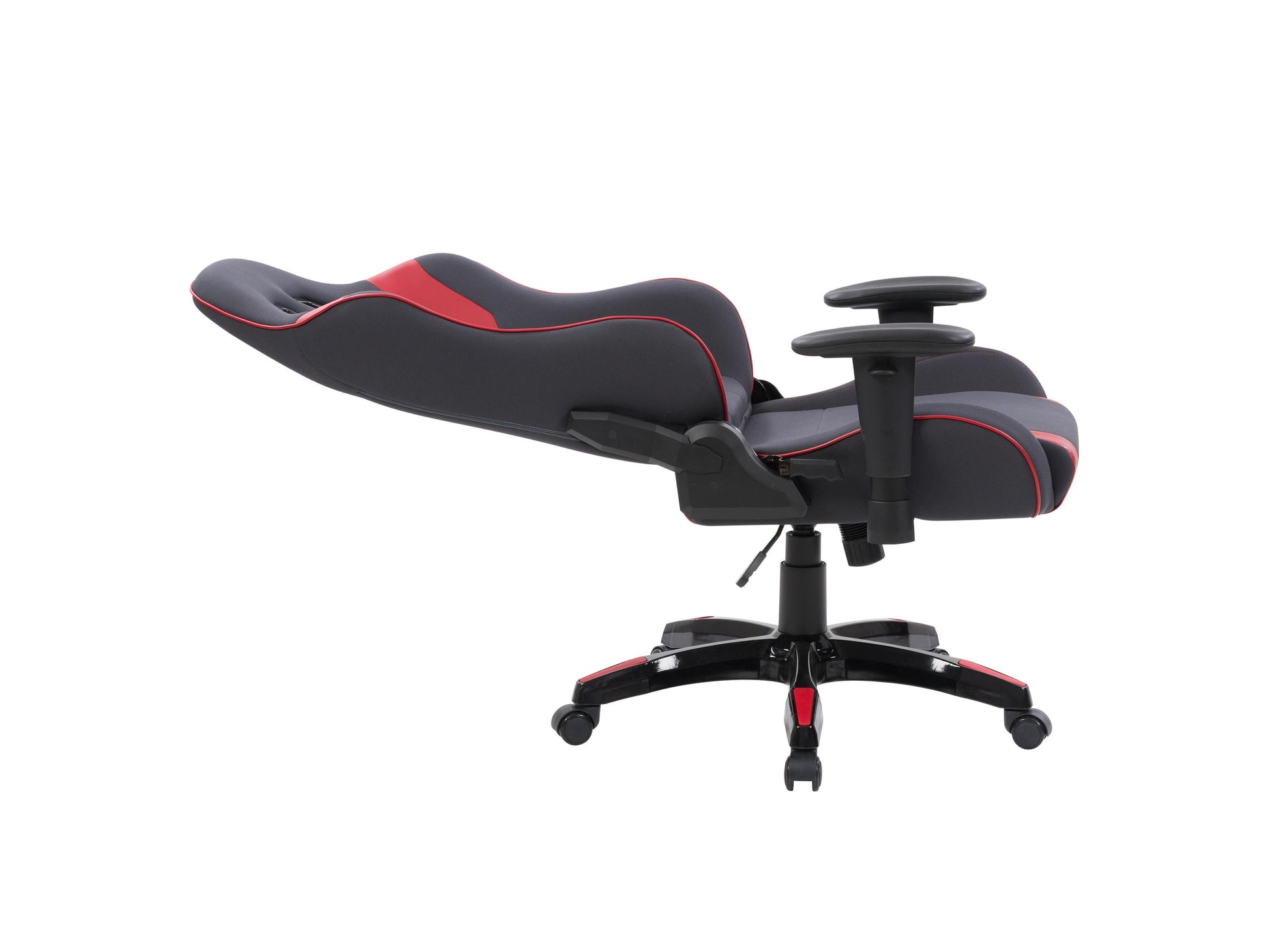 Ergonomic grey and red gaming chair with adjustable armrests, lumbar support, and a sleek design.