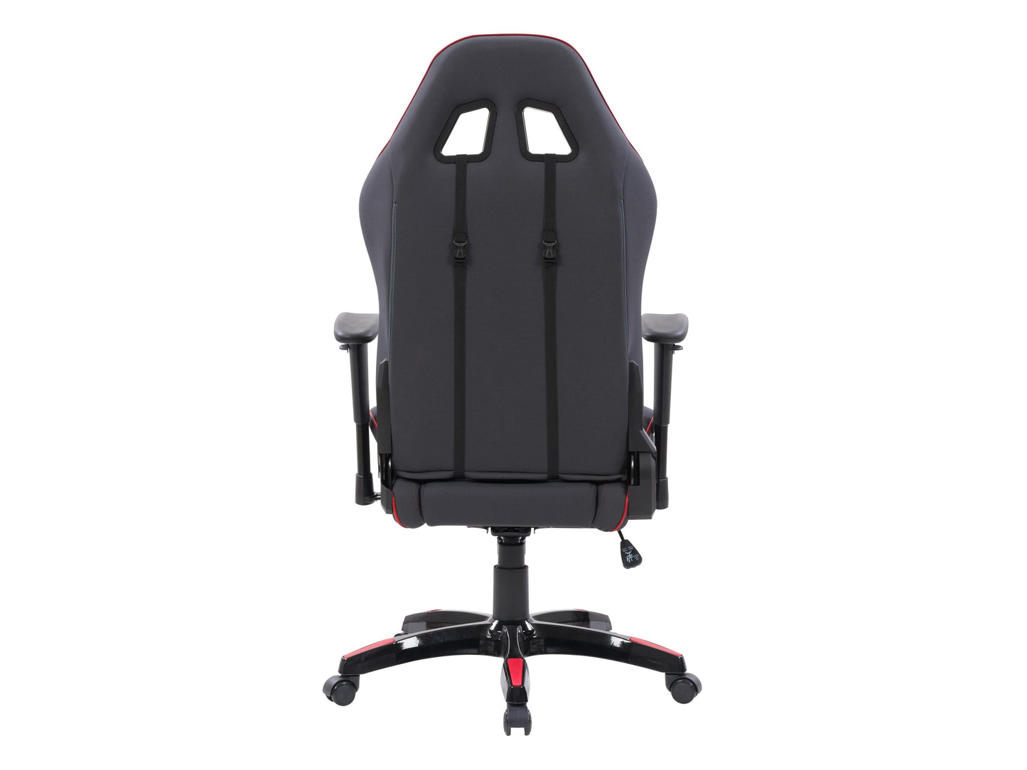 Ergonomic grey and red gaming chair with adjustable armrests, lumbar support, and high-density foam padding.
