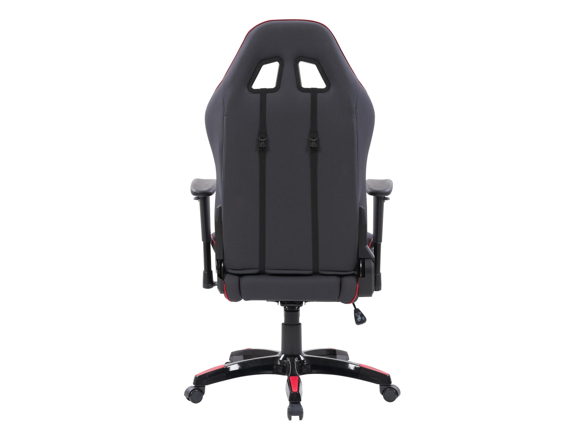 Ergonomic grey and red gaming chair with adjustable armrests, lumbar support, and high-density foam padding.