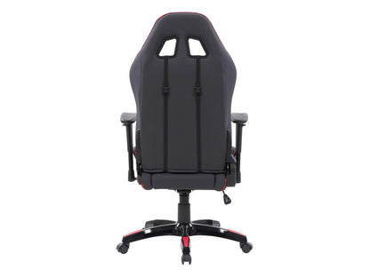 Ergonomic grey and red gaming chair with adjustable armrests, lumbar support, and high-density foam padding.