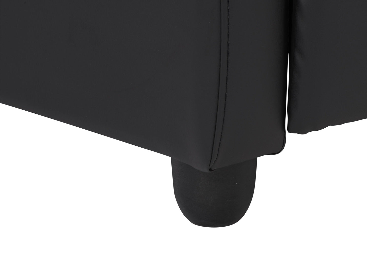 Black leather push back recliner with sleek design, padded armrests, and comfortable cushioning.