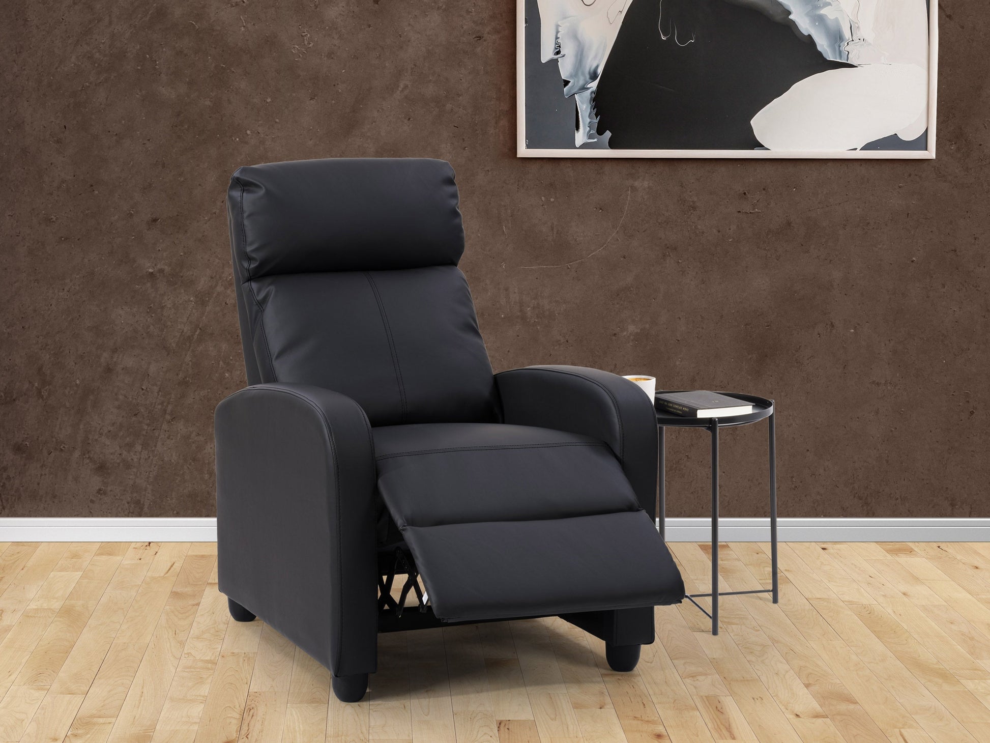 Black push-back recliner with plush upholstery, sleek design, and wooden legs for modern living rooms.