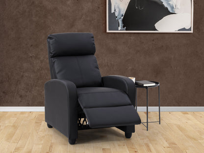 Black push-back recliner with plush upholstery, sleek design, and wooden legs for modern living rooms.