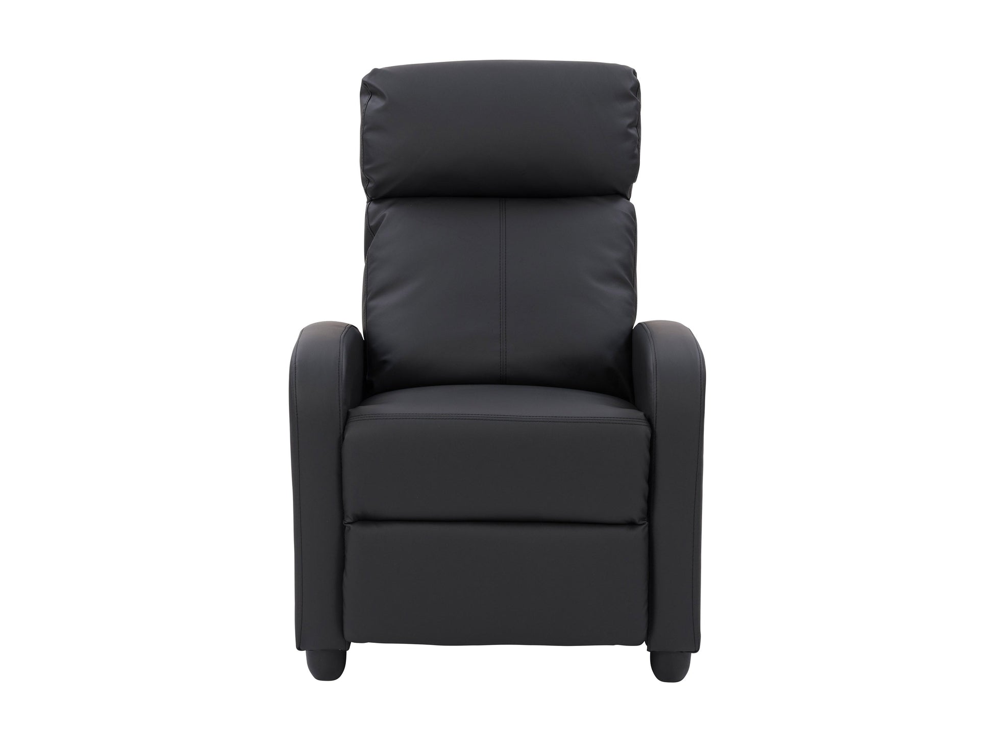 Black push back recliner with sleek design, comfortable padding, and sturdy wooden legs.