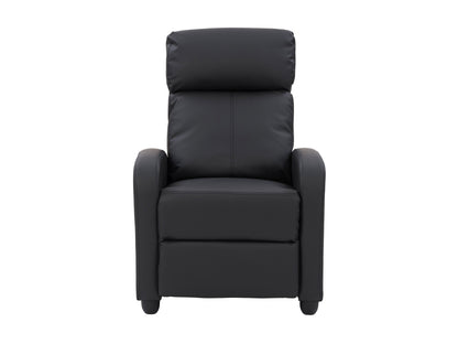 Black push back recliner with sleek design, comfortable padding, and sturdy wooden legs.