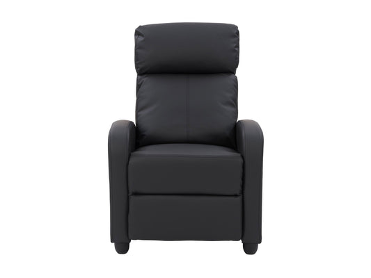 Black push back recliner with sleek design, comfortable padding, and sturdy wooden legs.