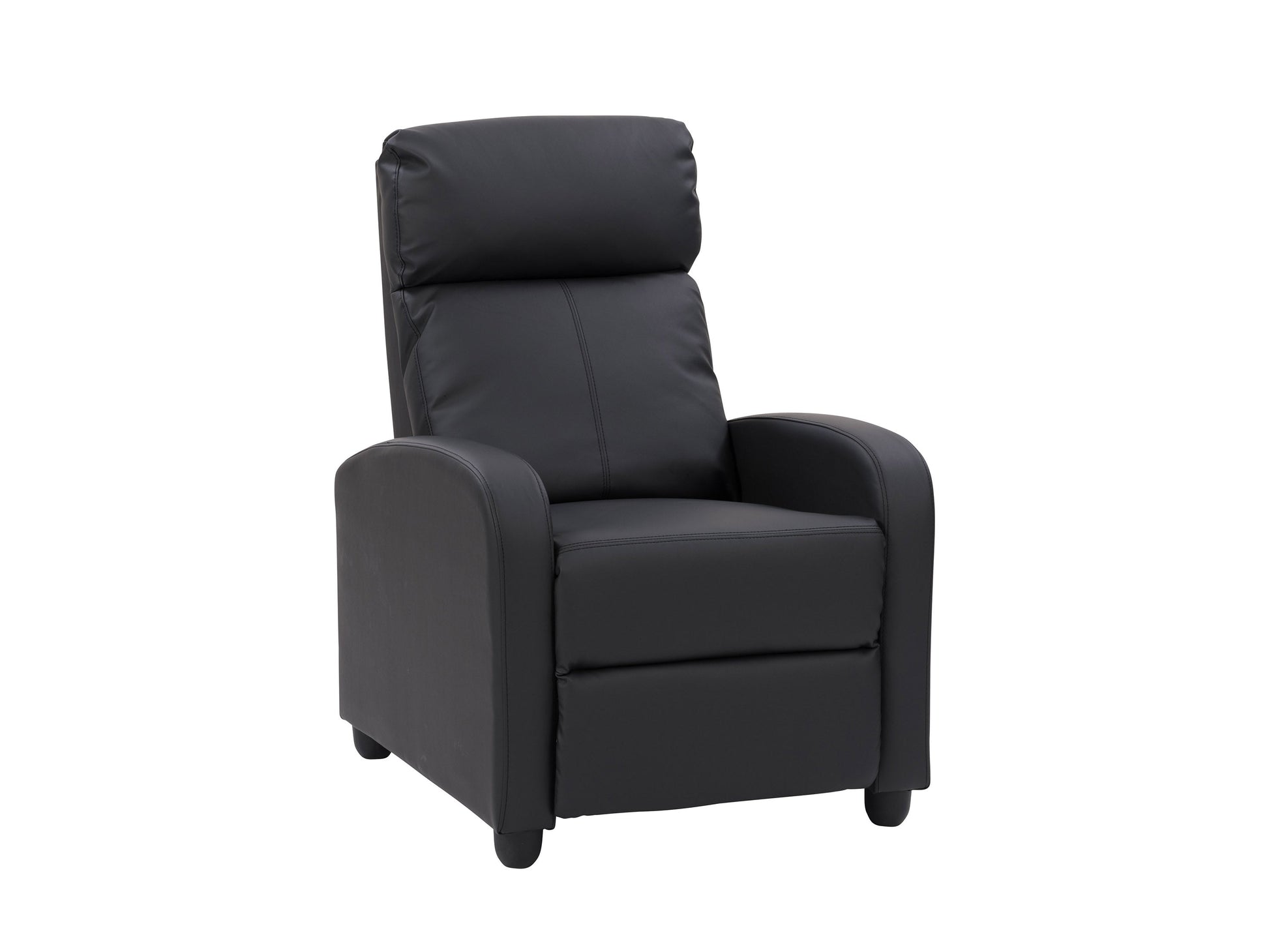 Black push back recliner with sleek design, comfortable upholstery, and sturdy wooden legs.