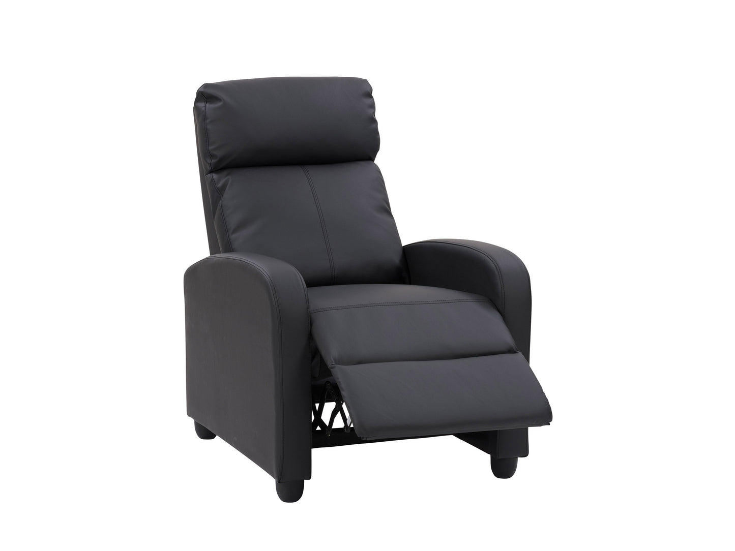Black push back recliner with plush cushions, sleek design, and wooden legs.