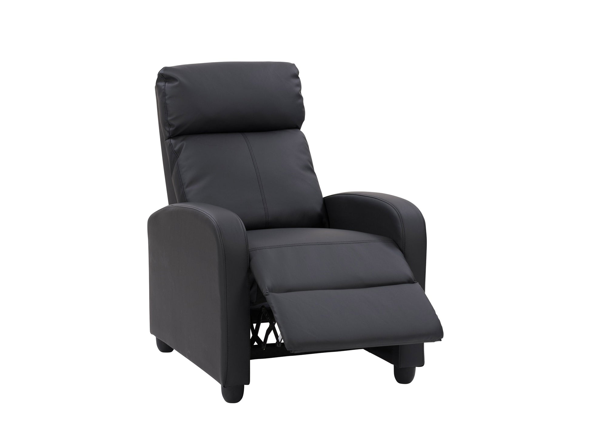 Black push back recliner with plush cushions, sleek design, and wooden legs.