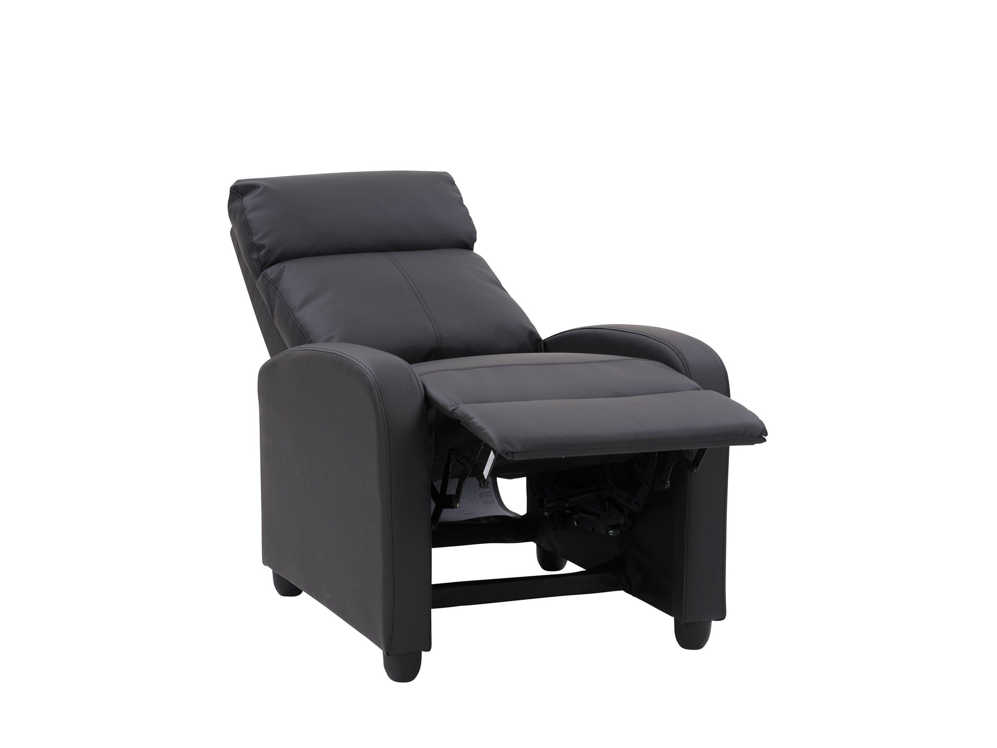 Black push back recliner with plush cushioning, sleek design, and wooden legs.