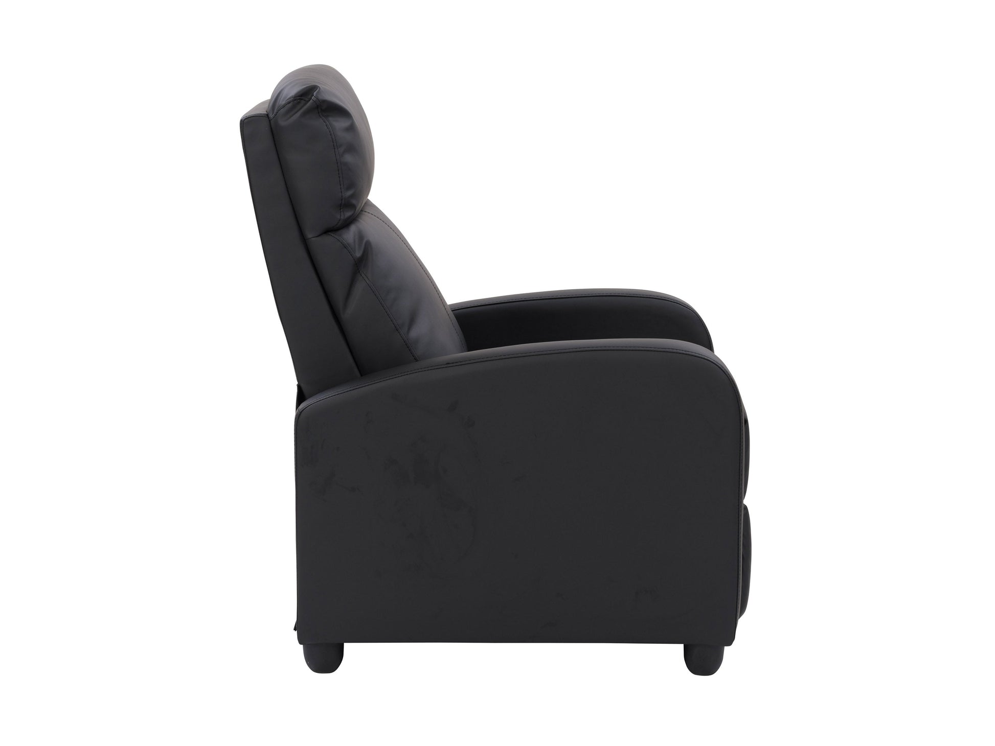 Black push back recliner with plush upholstery, sleek design, and wooden legs.
