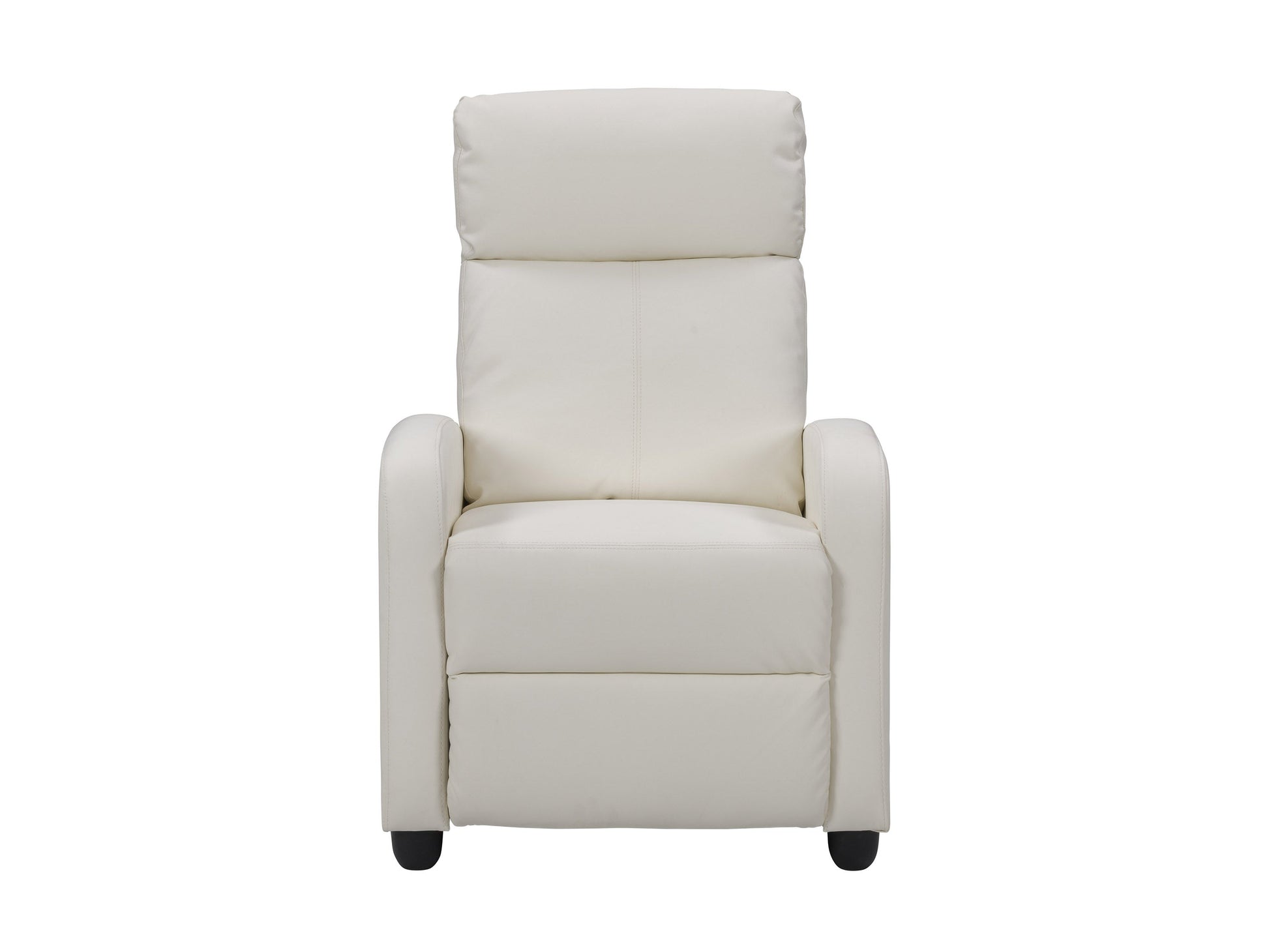 White push-back recliner with plush cushions, sleek modern design, and wooden legs.