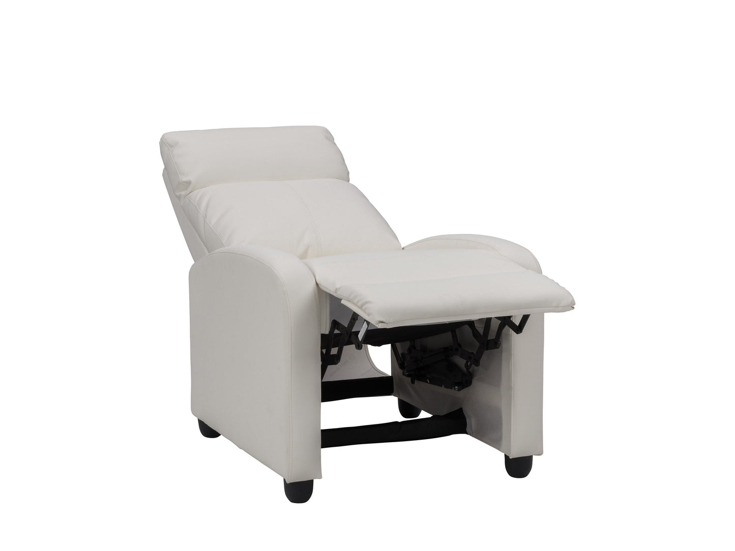 White push back recliner with plush cushions, sleek design, and wooden legs for modern living rooms.