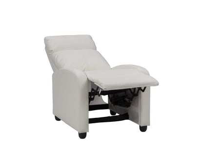 White push back recliner with plush cushions, sleek design, and wooden legs for modern living rooms.