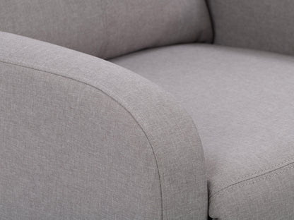 Light grey push back recliner with tufted fabric, wooden legs, and a modern design.