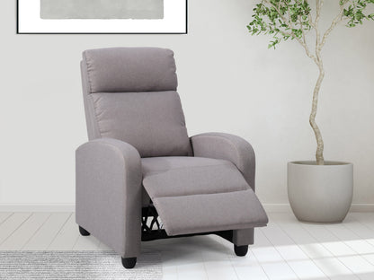 Light grey push back recliner with tufted backrest, wooden legs, and soft fabric upholstery.