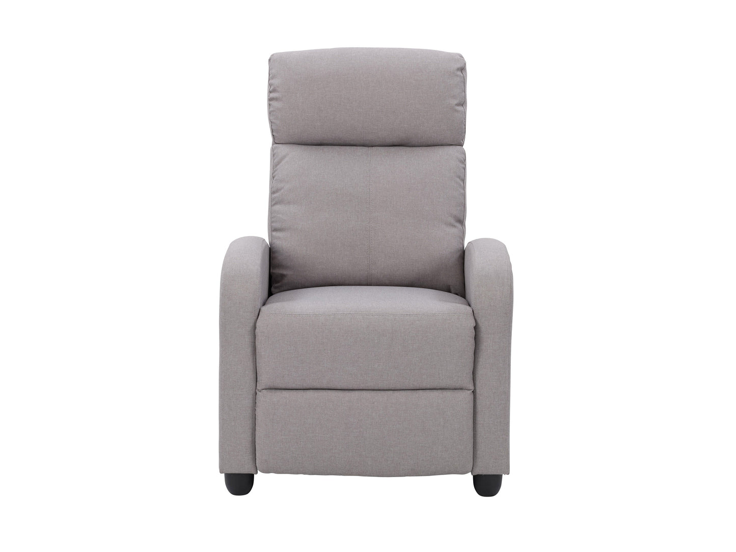 Light grey push back recliner with tufted backrest, wooden legs, and modern design.
