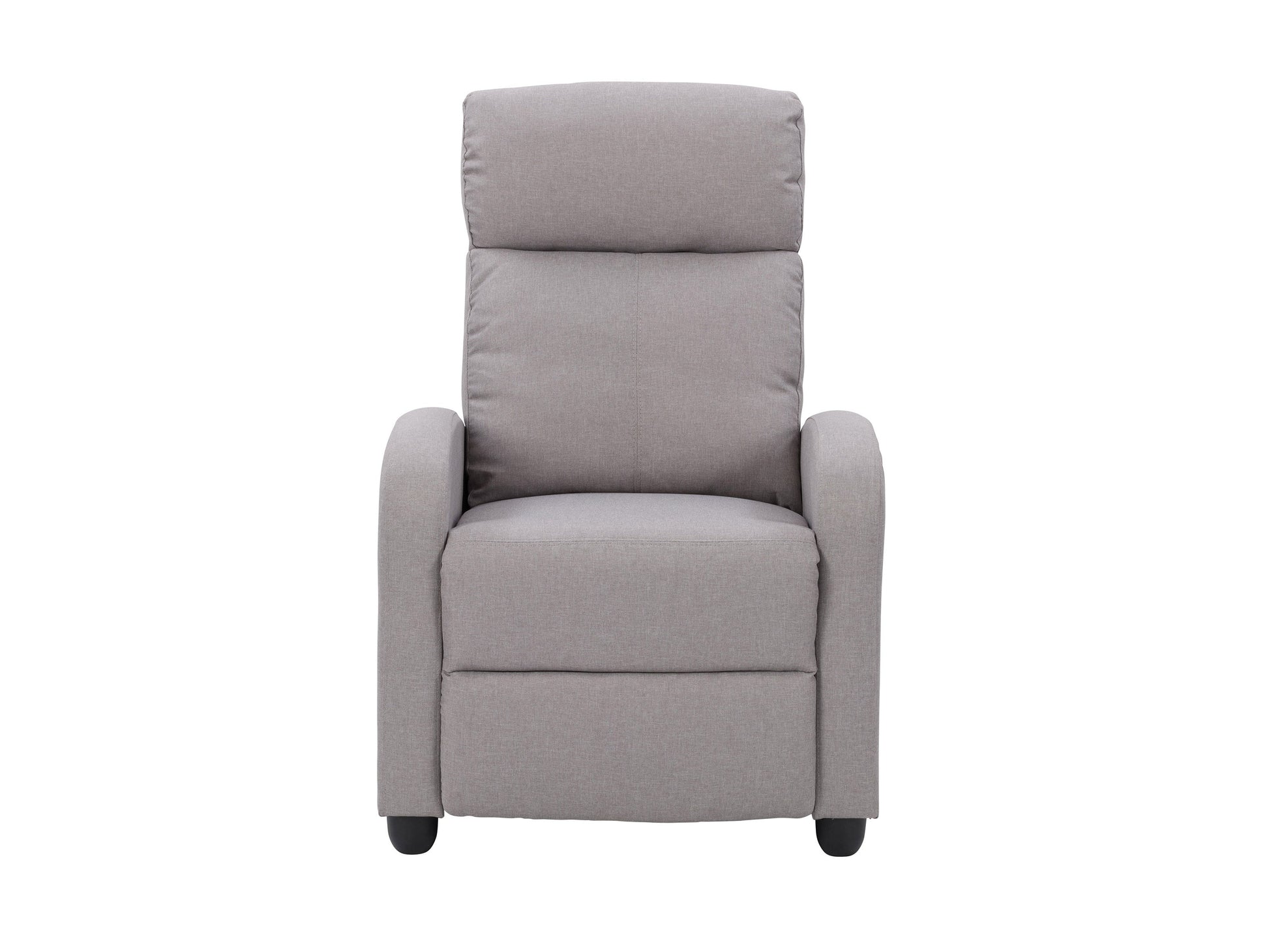 Light grey push back recliner with tufted backrest, wooden legs, and modern design.