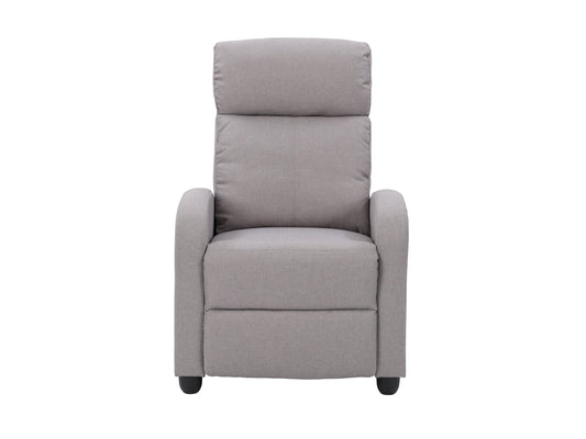Light grey push back recliner with tufted backrest, wooden legs, and modern design.