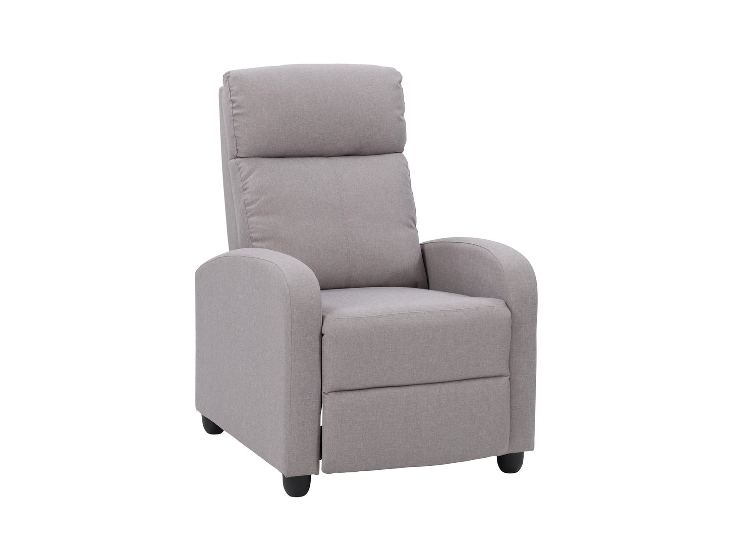 Light grey push back recliner with soft fabric upholstery and sleek wooden legs