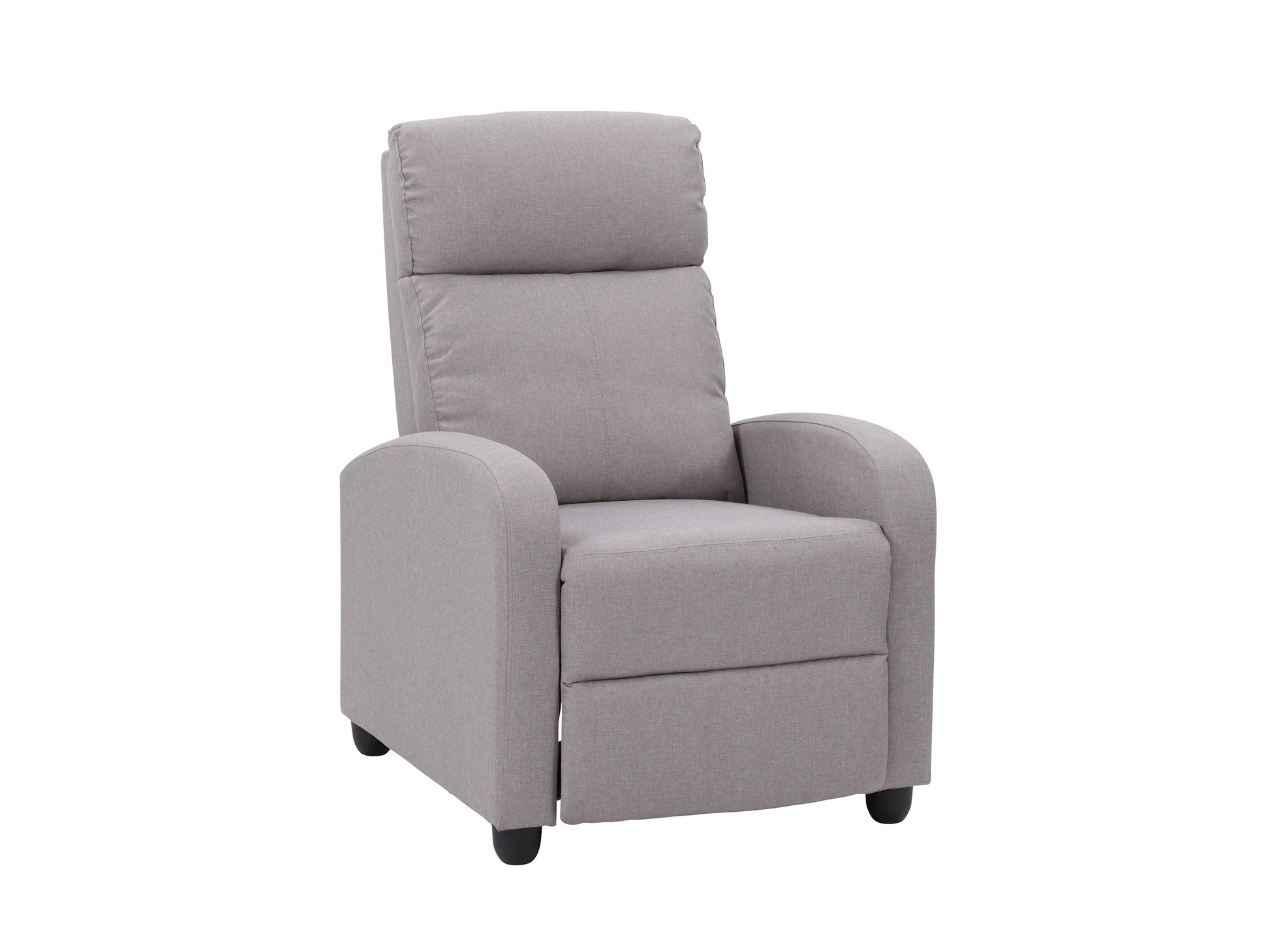 Light grey push back recliner with soft fabric upholstery and sleek wooden legs
