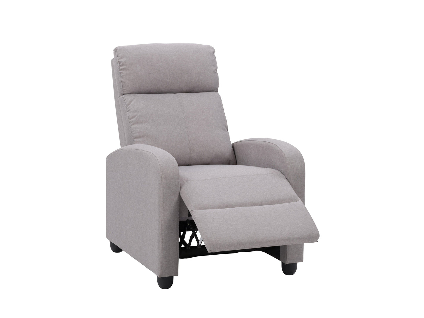 Light grey push back recliner with tufted cushions and wooden legs, perfect for modern living rooms.