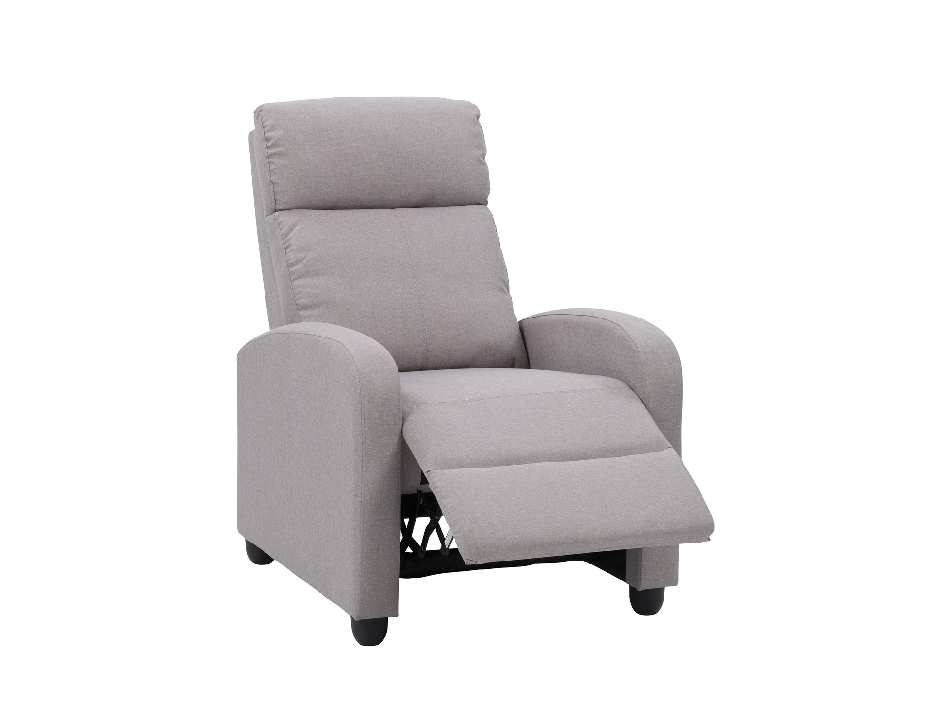 Light grey push back recliner with tufted cushions and wooden legs, perfect for modern living rooms.