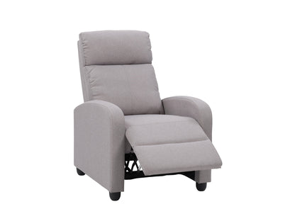 Light grey push back recliner with tufted cushions and wooden legs, perfect for modern living rooms.