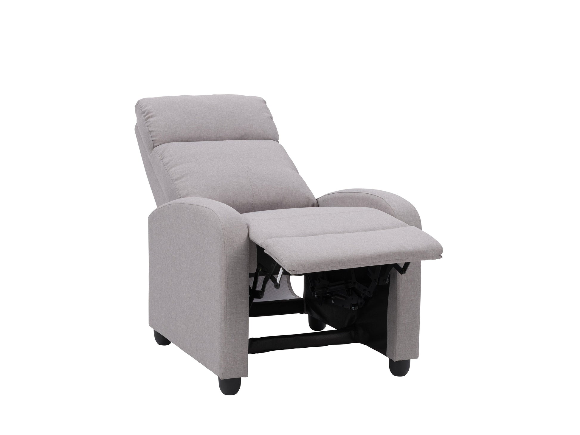 Light grey push back recliner with tufted backrest, wooden legs, and plush fabric upholstery.