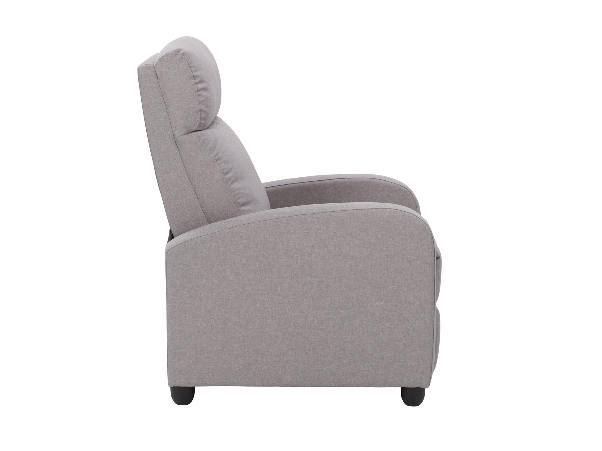 Light grey push back recliner with tufted backrest and wooden legs, modern and comfortable chair.