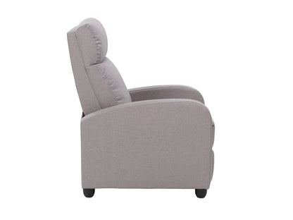 Light grey push back recliner with tufted backrest and wooden legs, modern and comfortable chair.