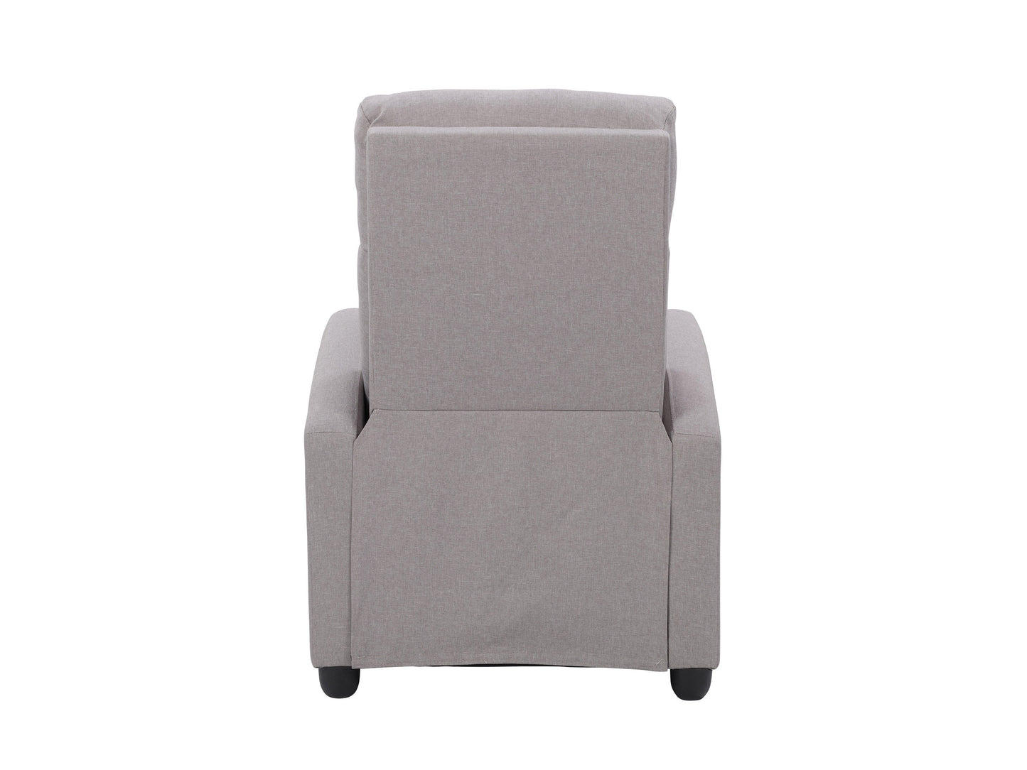 Light grey push back recliner with tufted backrest, wooden legs, and modern design.