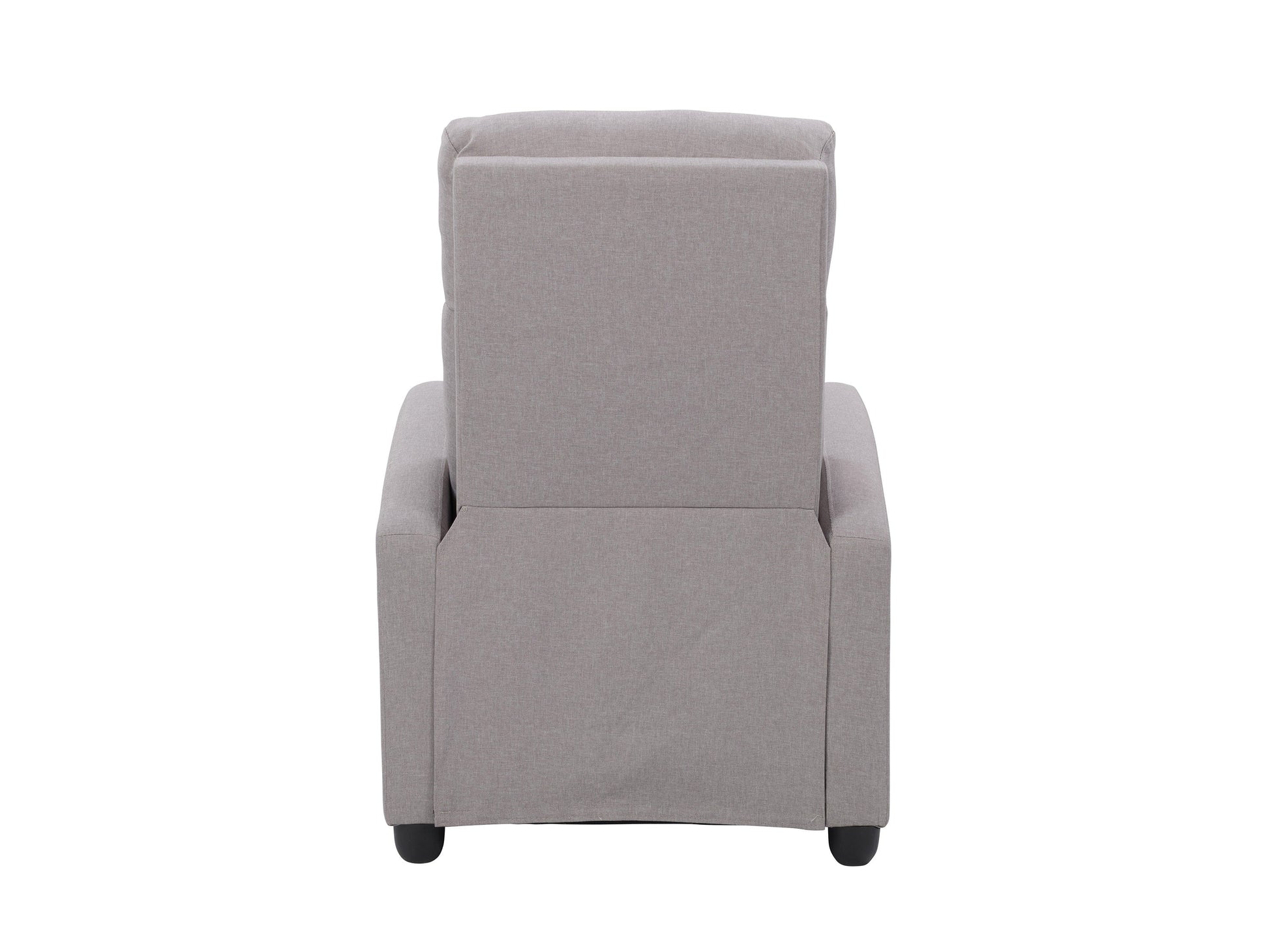 Light grey push back recliner with tufted backrest, wooden legs, and modern design.
