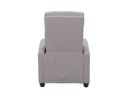 Light grey push back recliner with tufted backrest, wooden legs, and modern design.