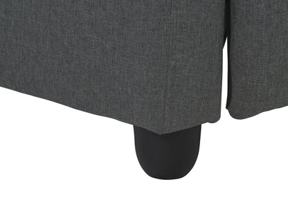 Dark grey push back recliner with plush fabric, wooden legs, and ergonomic design for living room comfort.