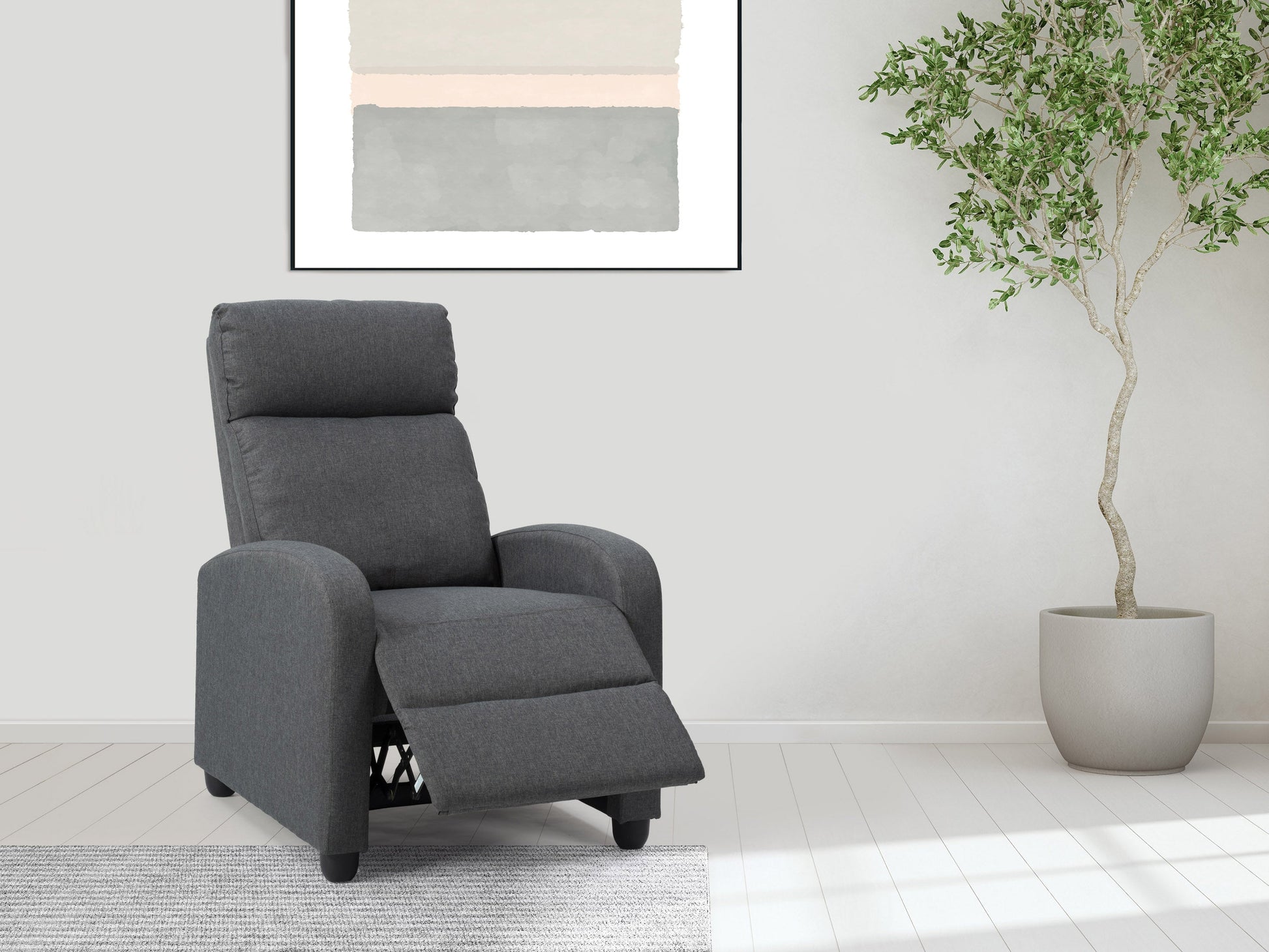Dark grey push back recliner with fabric upholstery and sleek wooden legs