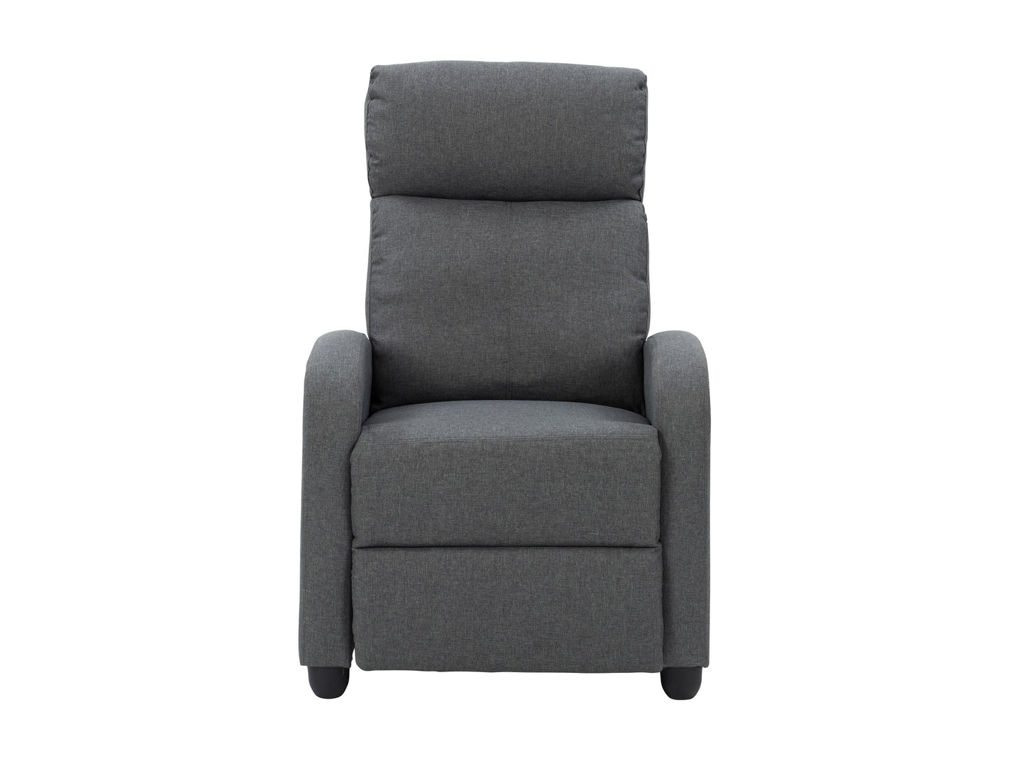 Dark grey push back recliner with soft fabric upholstery and wooden legs.