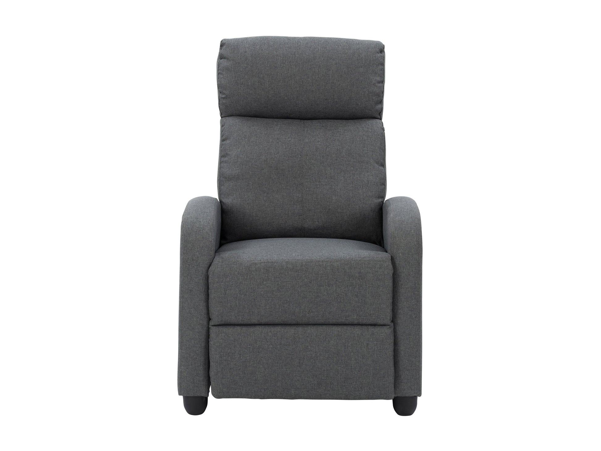 Dark grey push back recliner with soft fabric upholstery and wooden legs.