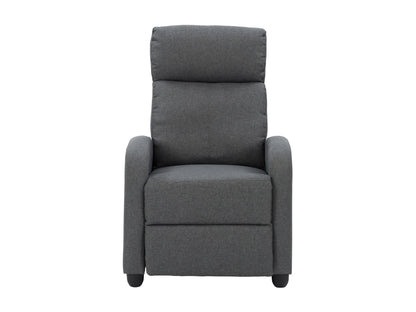 Dark grey push back recliner with soft fabric upholstery and wooden legs.