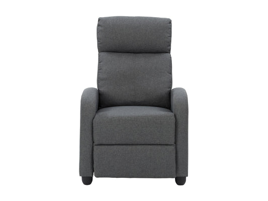 Dark grey push back recliner with soft fabric upholstery and wooden legs.