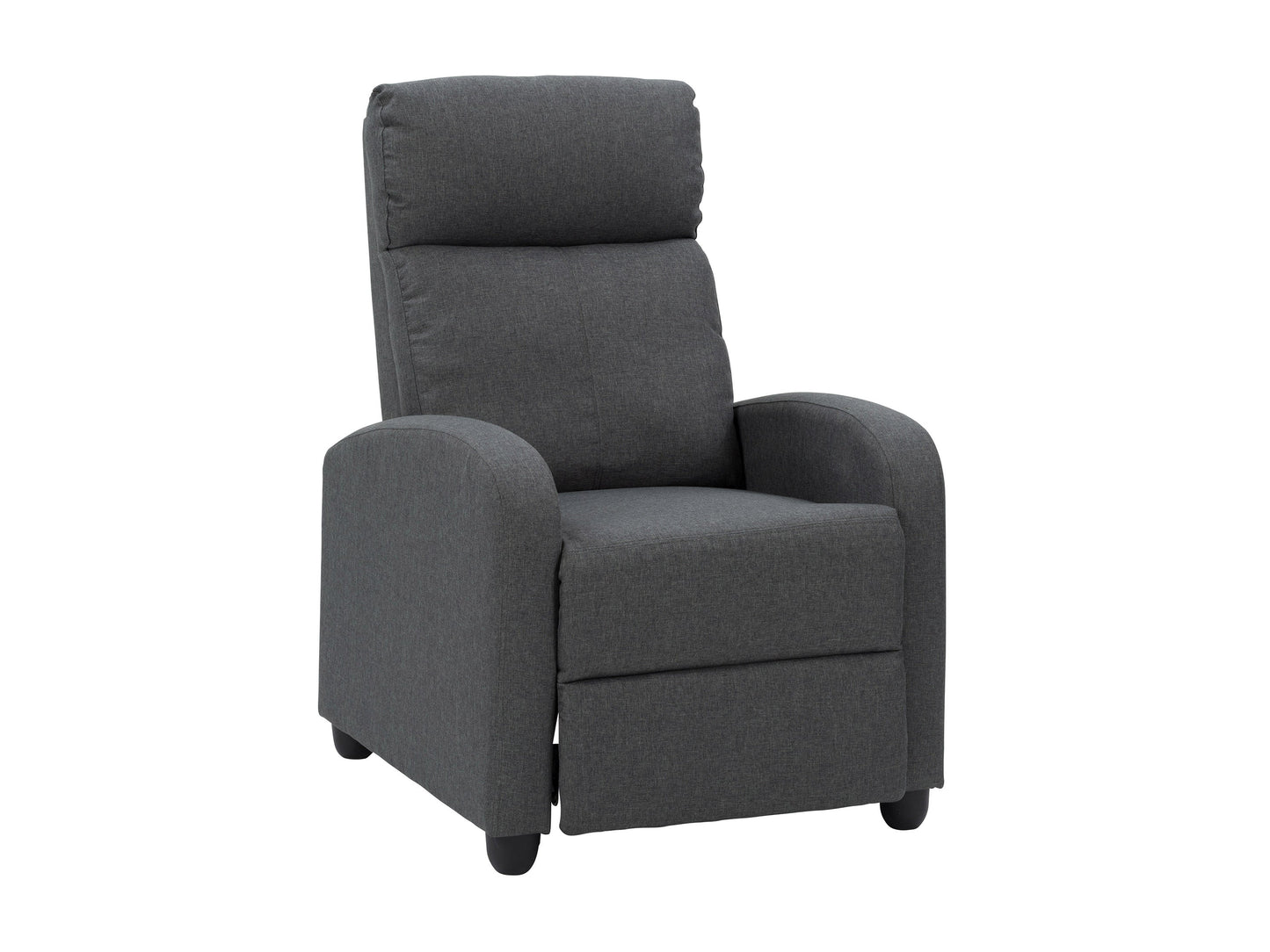 Dark grey push back recliner chair with tufted fabric, wooden legs, and ergonomic design.
