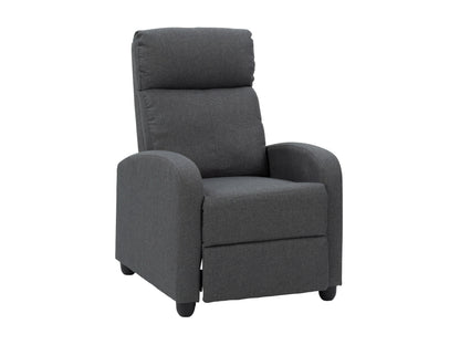 Dark grey push back recliner chair with tufted fabric, wooden legs, and ergonomic design.