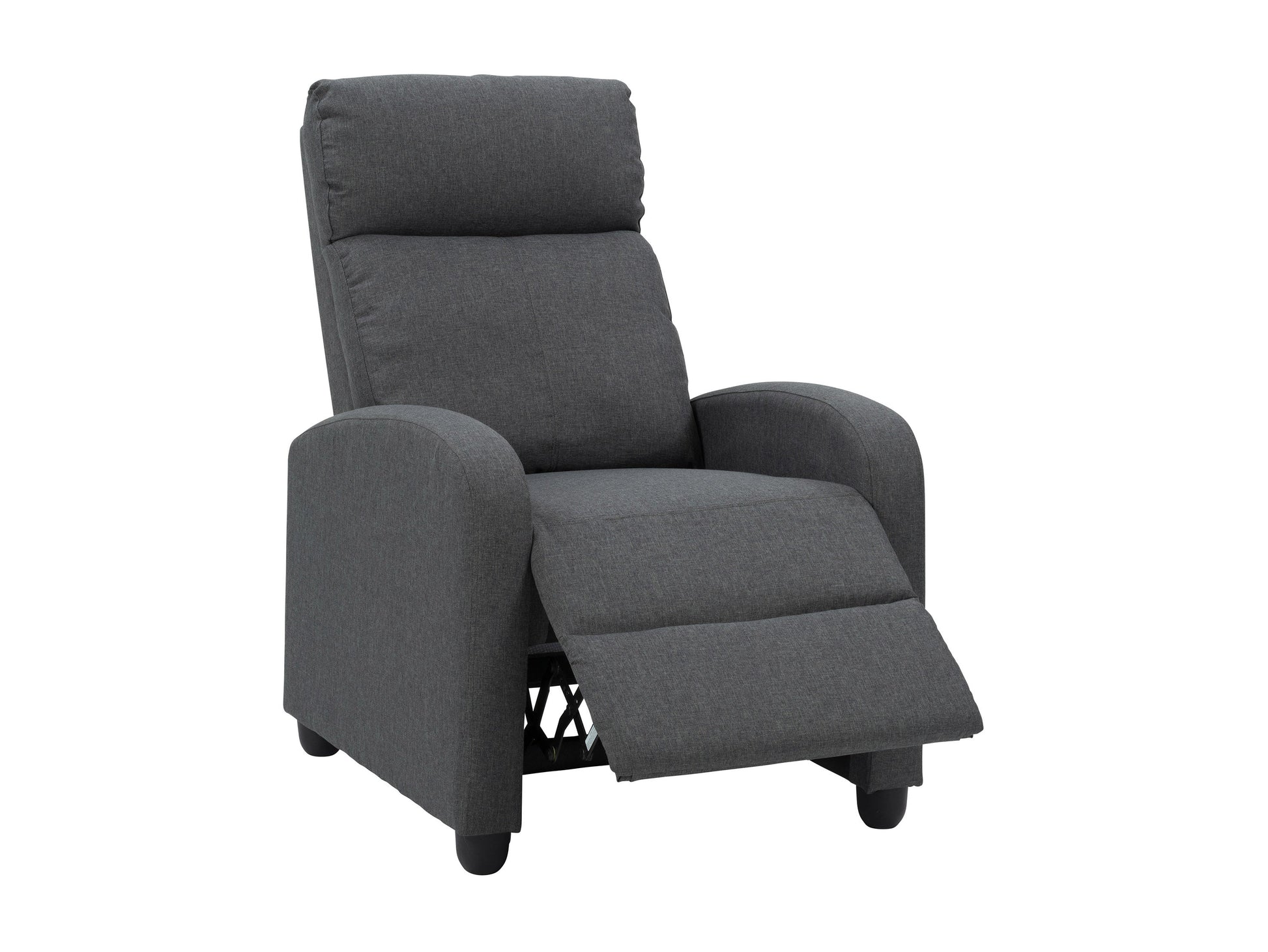 Dark grey push back recliner with tufted cushions and wooden legs, modern and comfortable design.