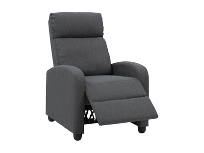 Dark grey push back recliner with tufted cushions and wooden legs, modern and comfortable design.
