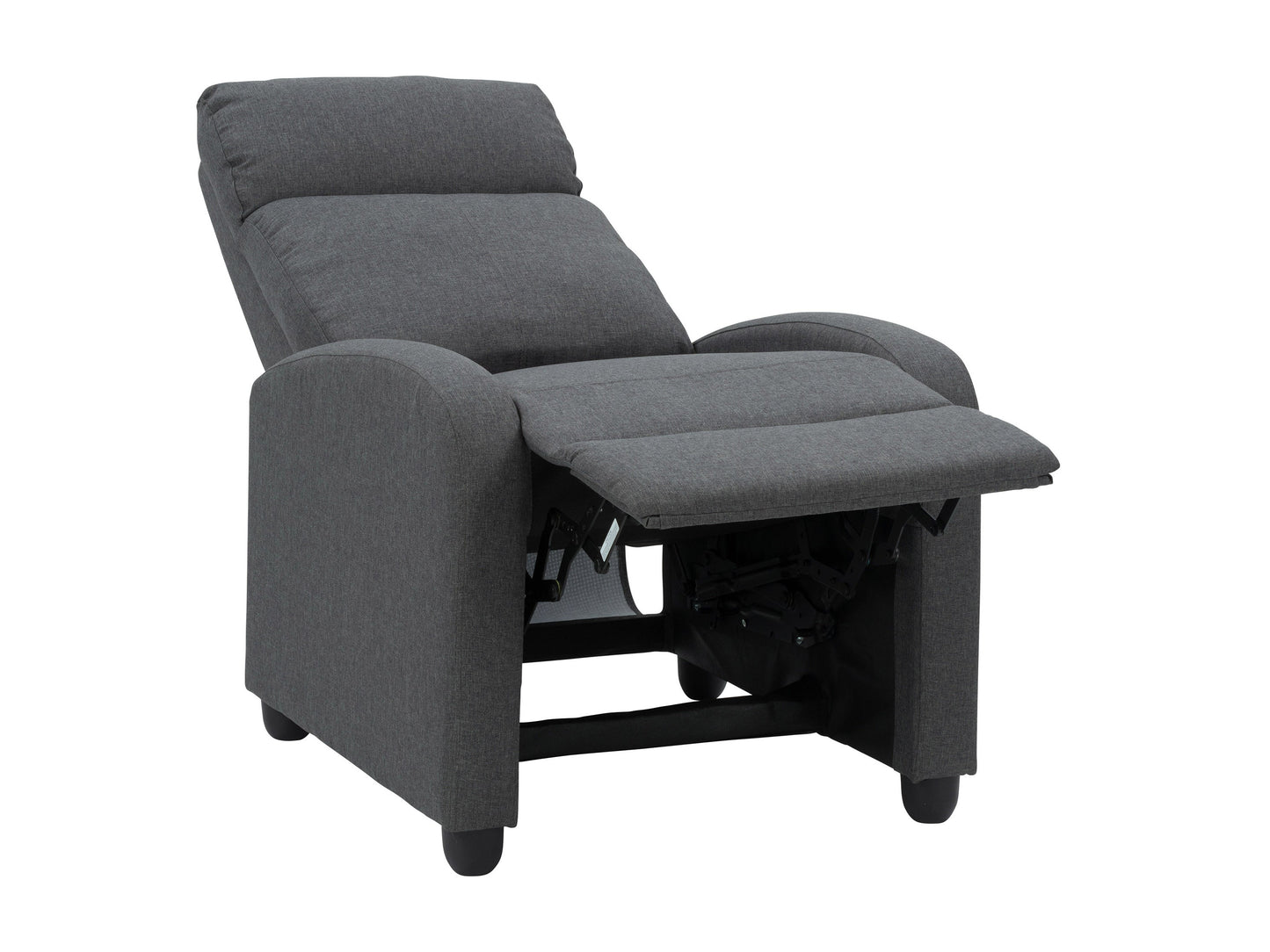 Dark grey push back recliner with tufted backrest, wooden legs, and soft fabric upholstery.