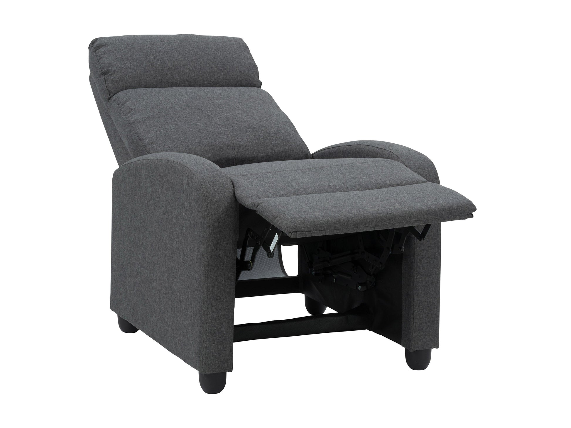 Dark grey push back recliner with tufted backrest, wooden legs, and soft fabric upholstery.