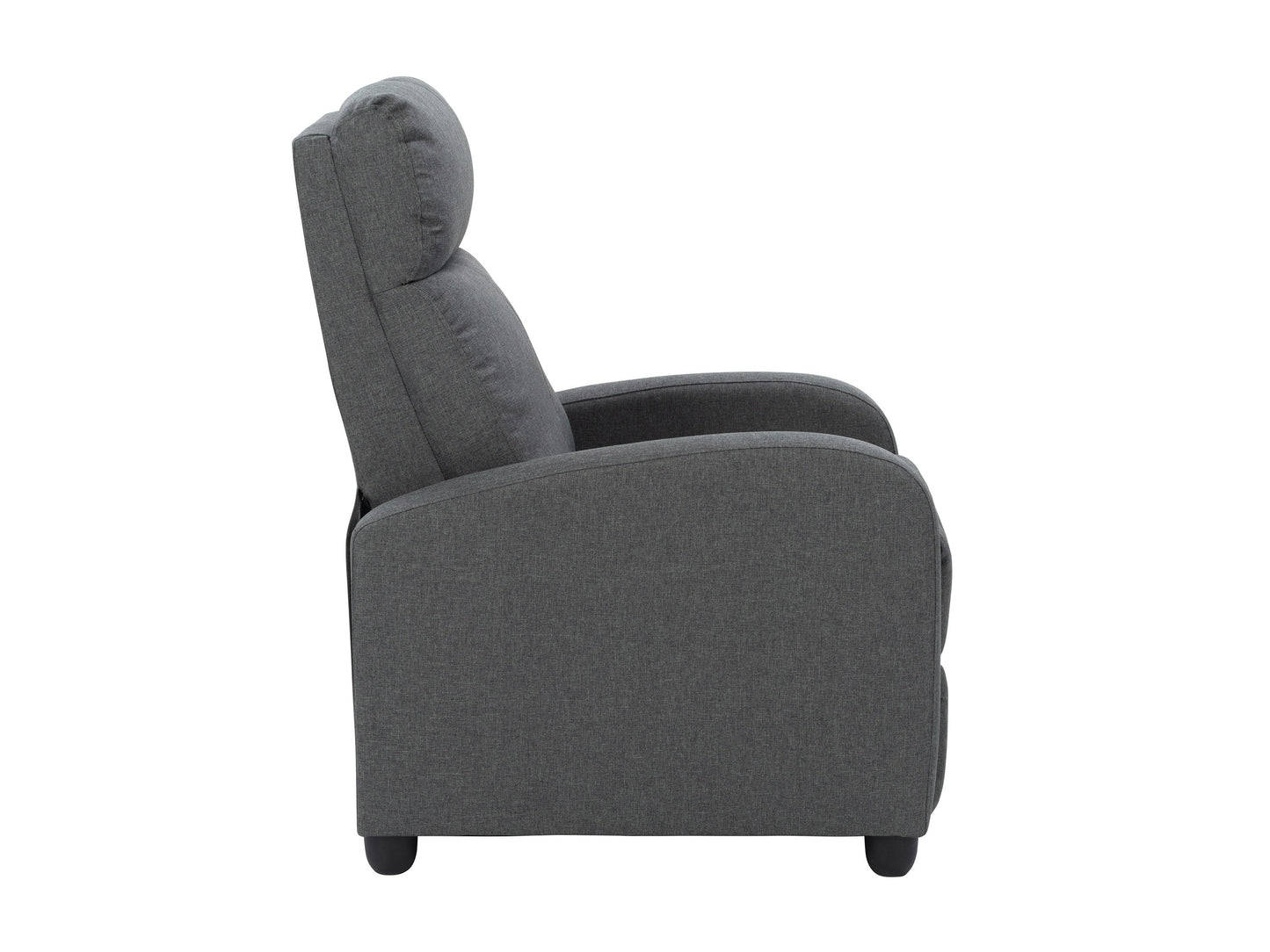 Dark grey push back recliner with tufted backrest, wooden legs, and comfortable fabric upholstery.
