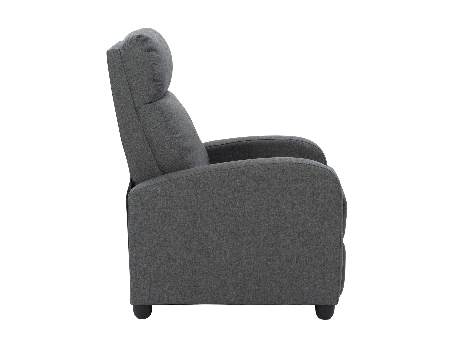Dark grey push back recliner with tufted backrest, wooden legs, and comfortable fabric upholstery.