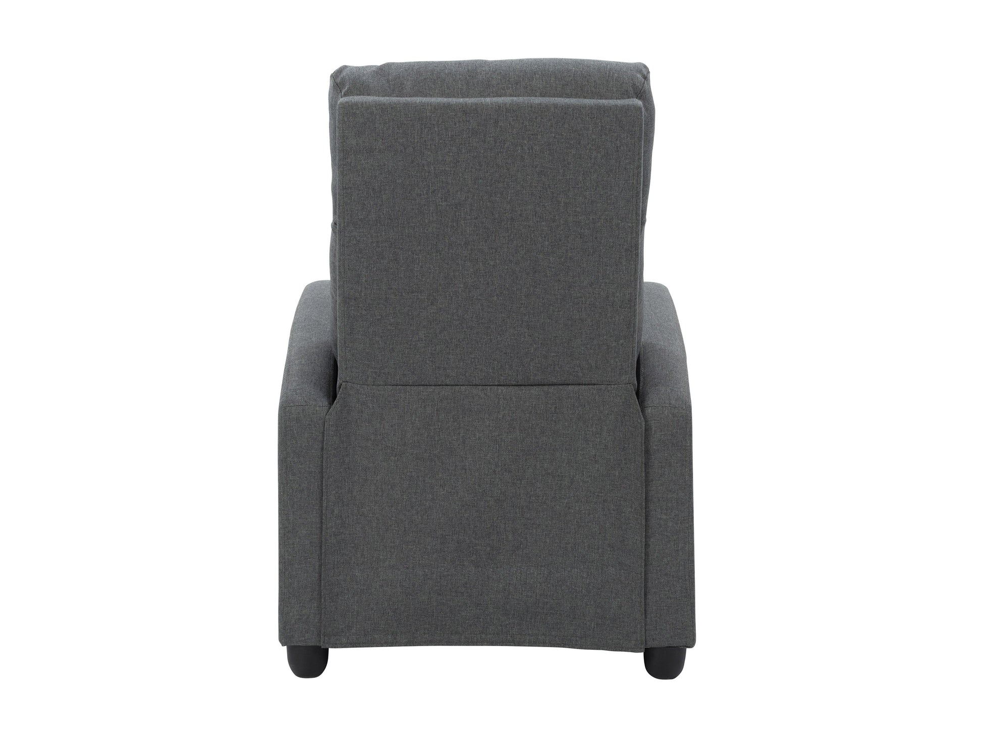 Dark grey push back recliner with tufted backrest, wooden legs, and modern design.